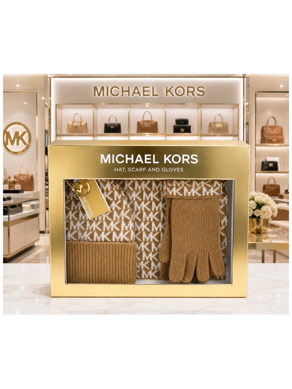 Michael Kors 3 Piece Gift Set with Knit Scarf, Beanie & Gloves. New in Box!